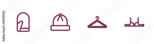 Set line Christmas mitten, Hanger wardrobe, Winter hat and Bra icon. Vector.