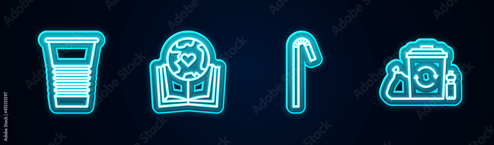 Set line Paper glass, Earth globe and book, Drinking plastic straw and Recycle bin with recycle. Glowing neon icon. Vector. Set line Paper glass, Earth globe and book, Drinking plastic straw and Recycle bin with recycle. Glowing neon icon. Vector.