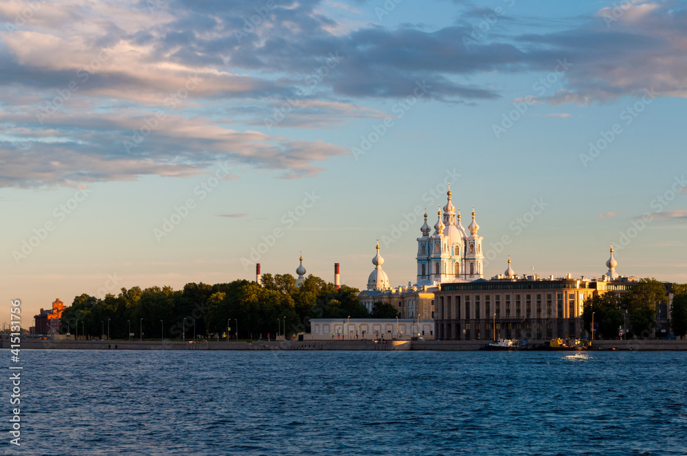 Smolny cathedral and Neva river at evening