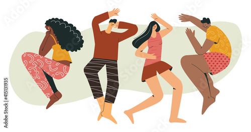Set of diverse sleeping people modern flat vector cartoon illustration with texture. Young male and female character rest relax in pijama. Collection wellness trendy people