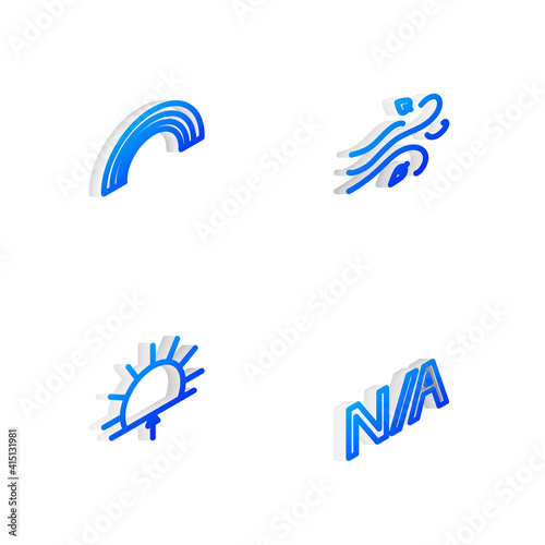 Set Isometric line Wind, Rainbow, Sunrise and Not applicable icon. Vector.