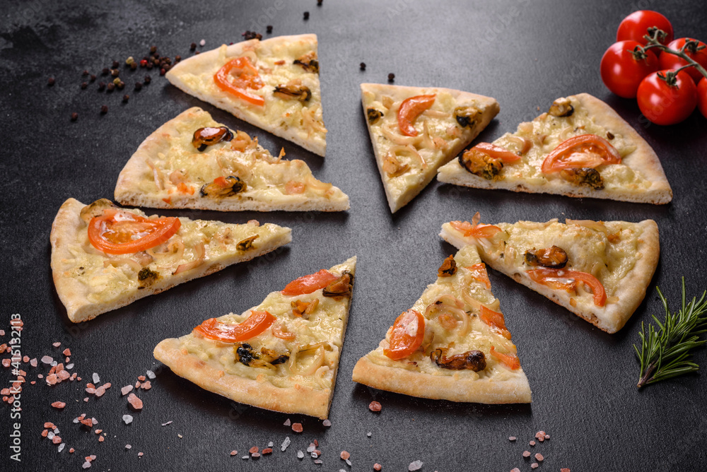 Fresh delicious pizza made in a hearth oven with shrimp mussels and other seafood Fresh delicious pizza made in a hearth oven with shrimp mussels and other seafood