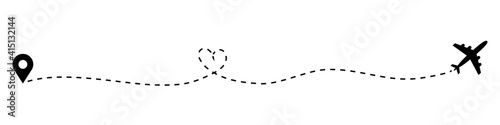 Heart airplane route. Plane and track icon on a white background. Vector illustration