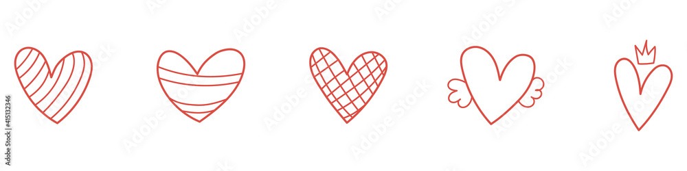 Set of red hand drawn hearts. Handdrawn rough heart marker isolated on white background. Vector illustration