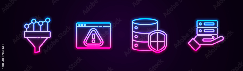 Set line Sales funnel with chart, Browser exclamation mark, Server shield and Server, Data, Web Hosting. Glowing neon icon. Vector. Set line Sales funnel with chart, Browser exclamation mark, Server shield and Server, Data, Web Hosting. Glowing neon icon. Vector.