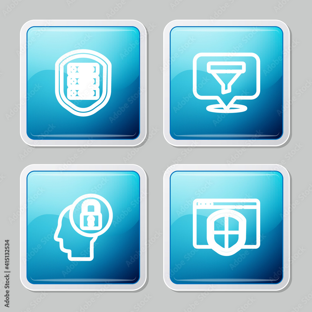 Set line Server with shield, Location sales funnel, Human head lock and Browser icon. Vector. Set line Server with shield, Location sales funnel, Human head lock and Browser icon. Vector.