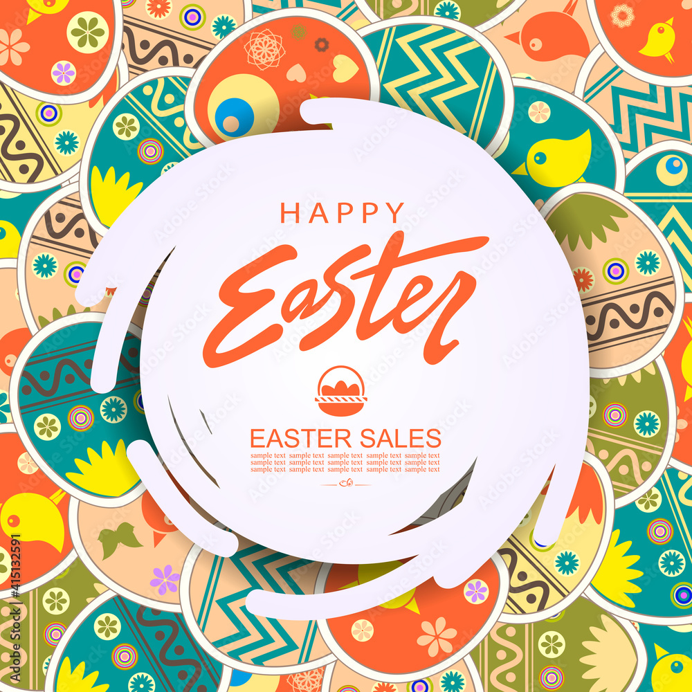 Abstract round white frame, illustration with Easter eggs with a cute pattern