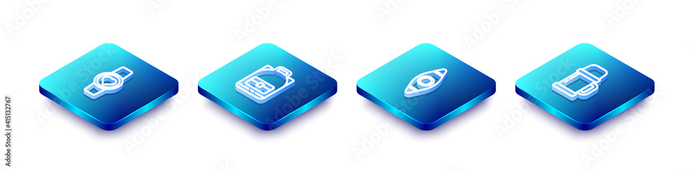 Set Isometric line Smart watch showing heart beat rate, Hiking backpack, Kayak or canoe and Thermos container icon. Vector. Set Isometric line Smart watch showing heart beat rate, Hiking backpack, Kayak or canoe and Thermos container icon. Vector.
