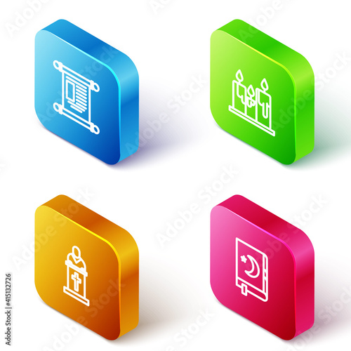 Set Isometric line Decree, paper, parchment, scroll, Burning candles, Church pastor preaching and Holy book of Koran icon. Vector.