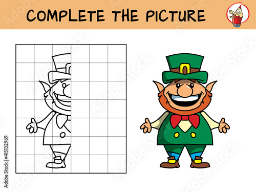 Complete the picture of a leprechaun. Copy the picture. Coloring book. Educational game for children. Cartoon vector illustration
