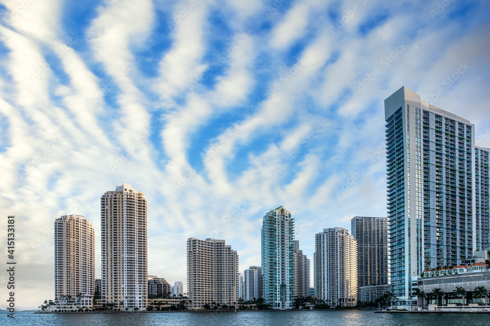 Miami skyline is seen from the Bayside bay, Florida, USA