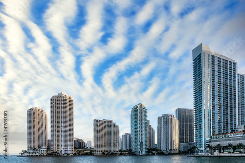 Miami skyline is seen from the Bayside bay  Florida  USA