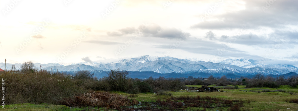 Snowy Talysh Mountain landscape, greens in Lankaran, Azerbaijan Snowy Talysh Mountain landscape, greens in Lankaran, Azerbaijan