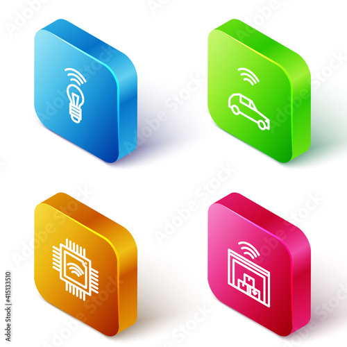 Set Isometric line Smart light bulb, car system with wireless, Processor microcircuits CPU and warehouse icon. Vector.