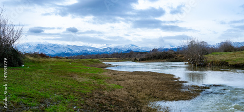 Snowy Talysh mountains  greens and Lankaran river in Azerbaijan