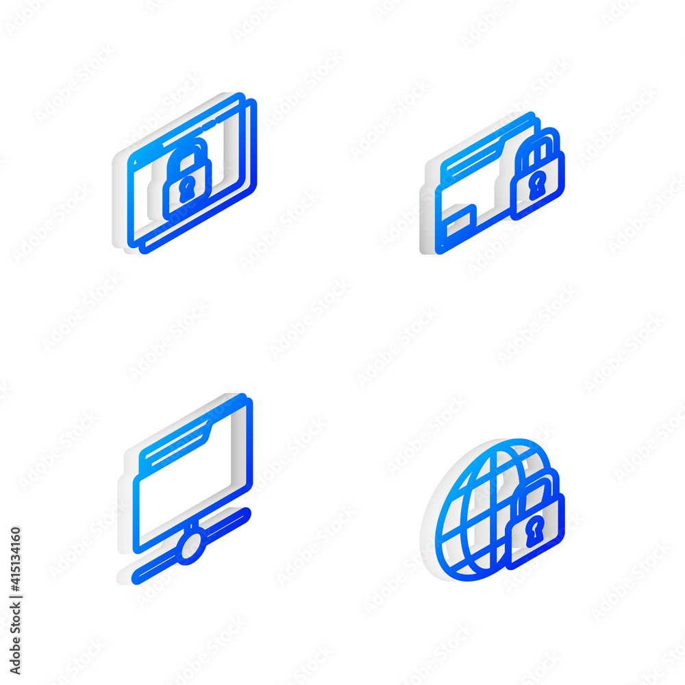 Set Isometric line Folder and lock, Secure your site with HTTPS, SSL, FTP folder and Global lockdown icon. Vector. Set Isometric line Folder and lock, Secure your site with HTTPS, SSL, FTP folder and Global lockdown icon. Vector.