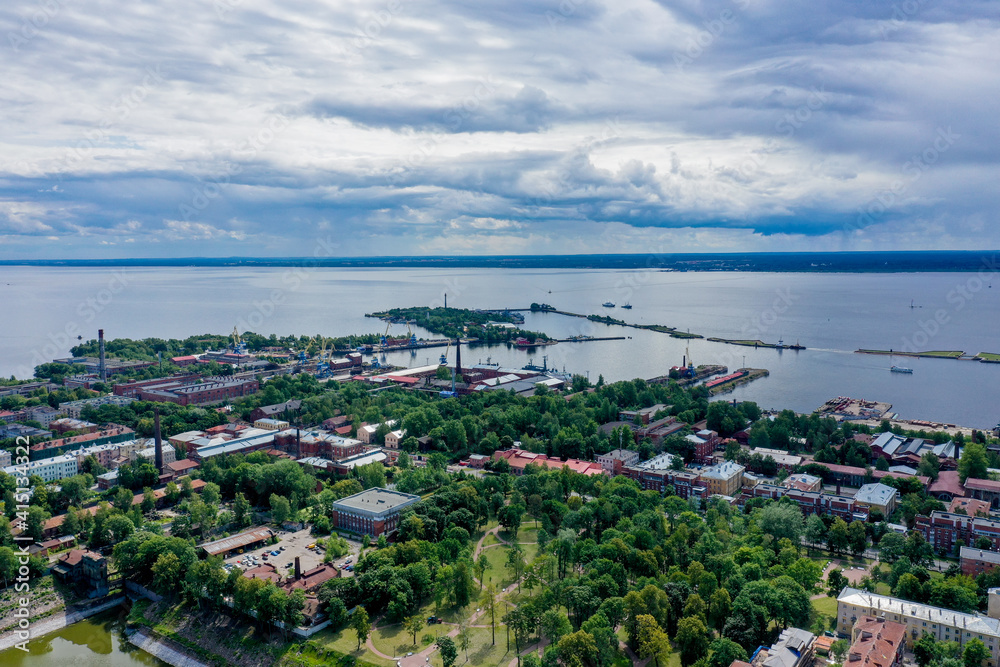 Panoramic view of Kronstadt from a height. The Gulf of Finland. Summer. Island of forts Kotlin.