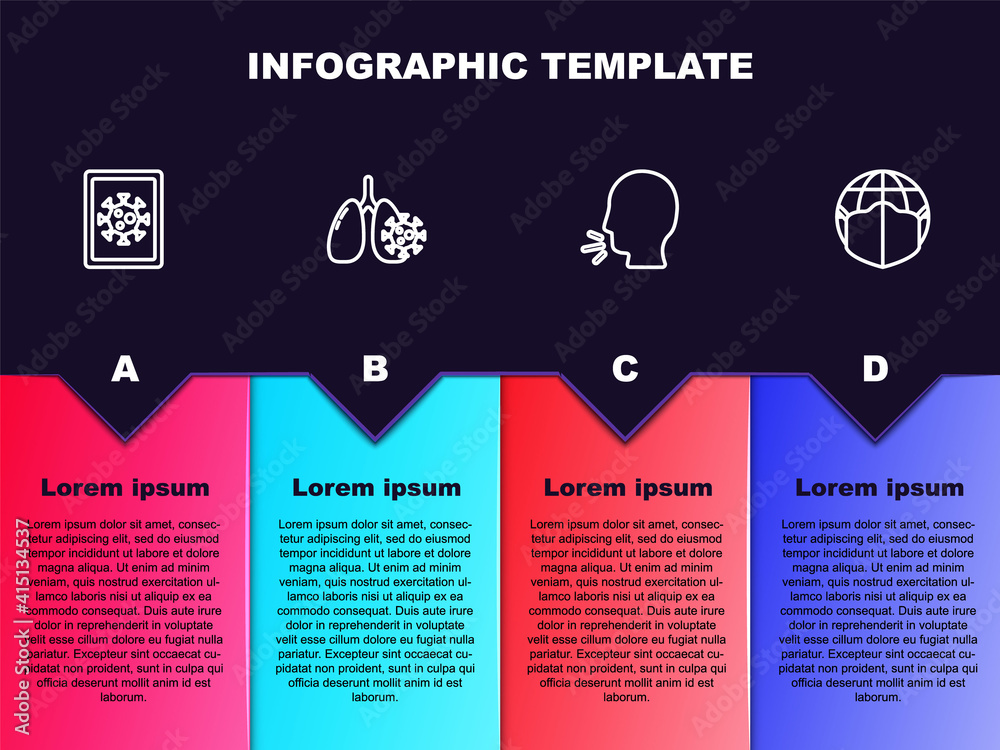 Set line Virus statistics on monitor, cells in lung, Man coughing and Earth with medical mask. Business infographic template. Vector. Set line Virus statistics on monitor, cells in lung, Man coughing and Earth with medical mask. Business infographic template. Vector.