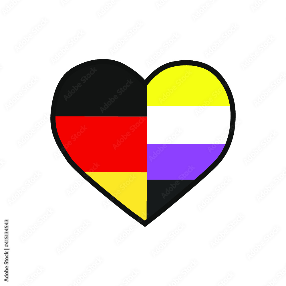 Vector illustration of the heart filled with Germany flag and the Non-binary pride flag on white background.