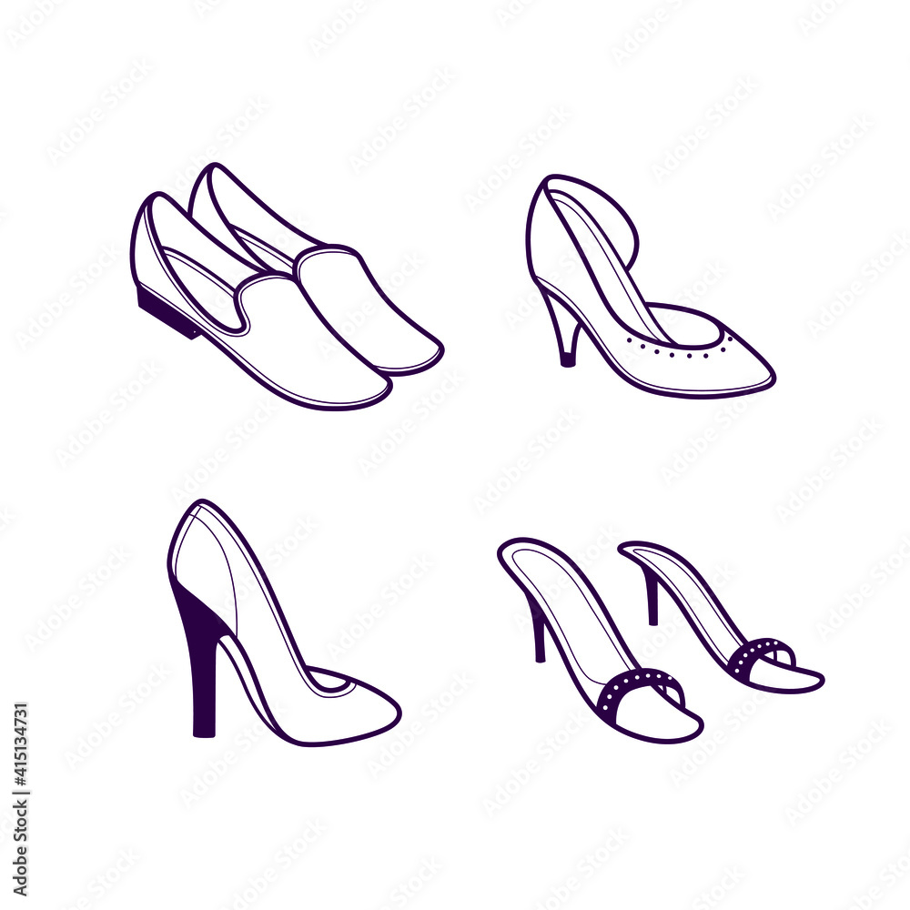 Simple illustration of shoes, 4 line icons. Contour vector illustration in cartoon style. Simple illustration of shoes, 4 line icons. Contour vector illustration in cartoon style.