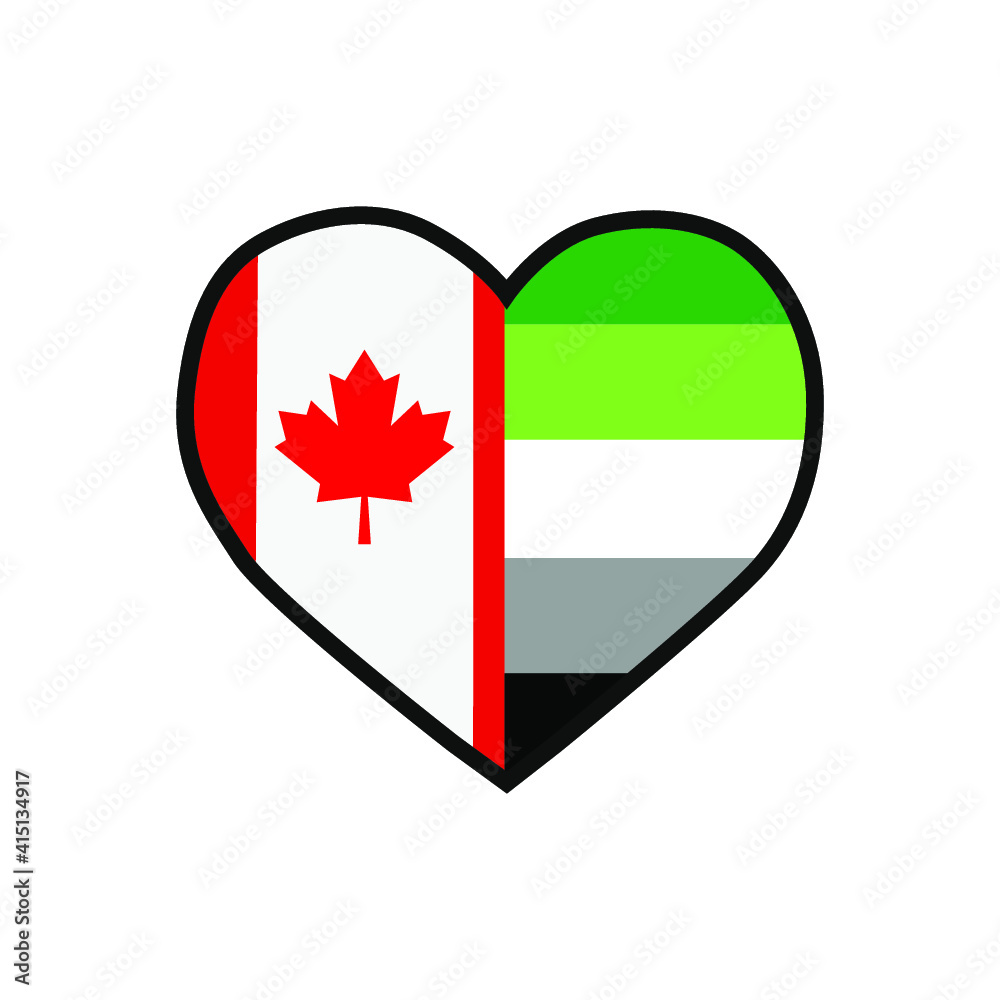 Obraz premium Vector illustration of the heart filled with the flag of Canada and the Aromantic pride flag on white background.