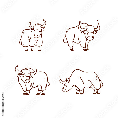 Cartoon yak icon set. Different type of animal. Vector illustration for emblem, badge, insignia.