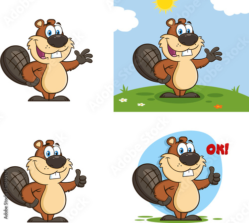 Beaver Cartoon Mascot Character. Vector Collection Set Isolated On White Background