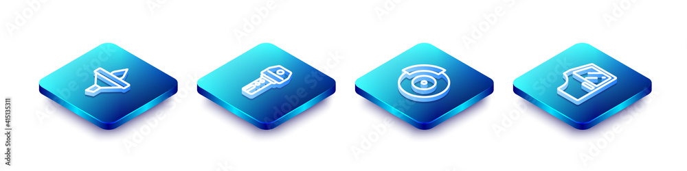 Set Isometric line Funnel and oil drop, Car key with remote, brake disk caliper and door icon. Vector.