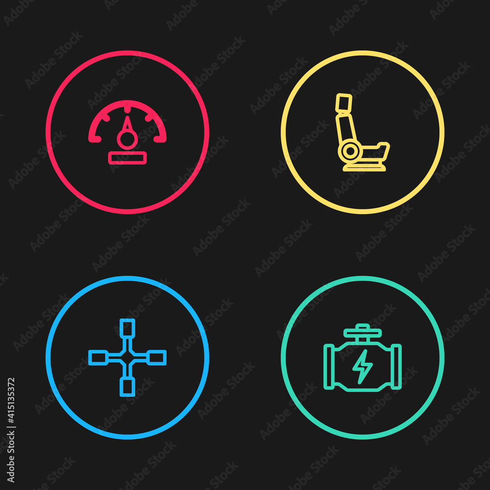 Set line Wheel wrench, Check engine, Car seat and Speedometer icon. Vector. Set line Wheel wrench, Check engine, Car seat and Speedometer icon. Vector.