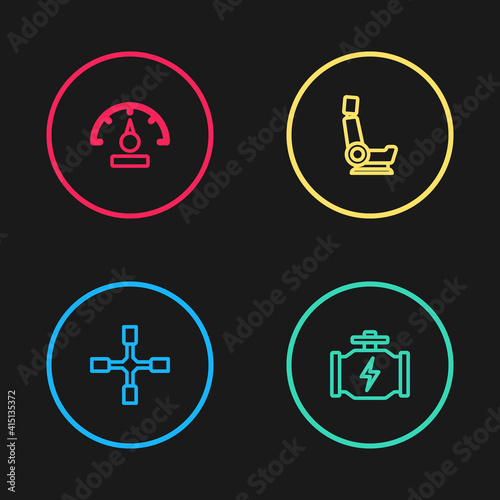 Set line Wheel wrench, Check engine, Car seat and Speedometer icon. Vector.
