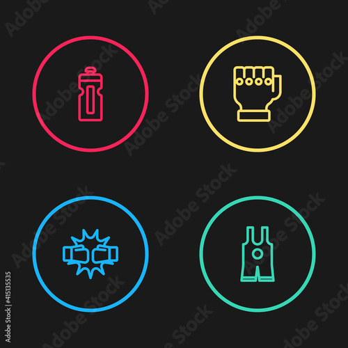 Set line Punch in boxing gloves  Wrestling singlet  MMA and Fitness shaker icon. Vector.