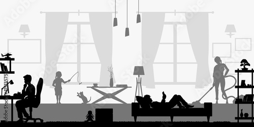 Black silhouette of family in living room. People at home. Domestic scene with daughter, son and parents. Husband and wife scenery. Flat interior