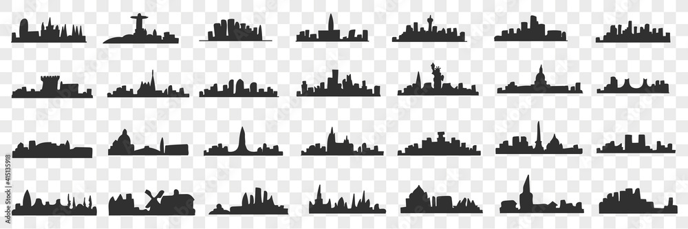 Silhouettes of city doodle set. Collection of hand drawn dark silhouettes of buildings and landscape of cities and towns urban cityscape isolated on transparent background