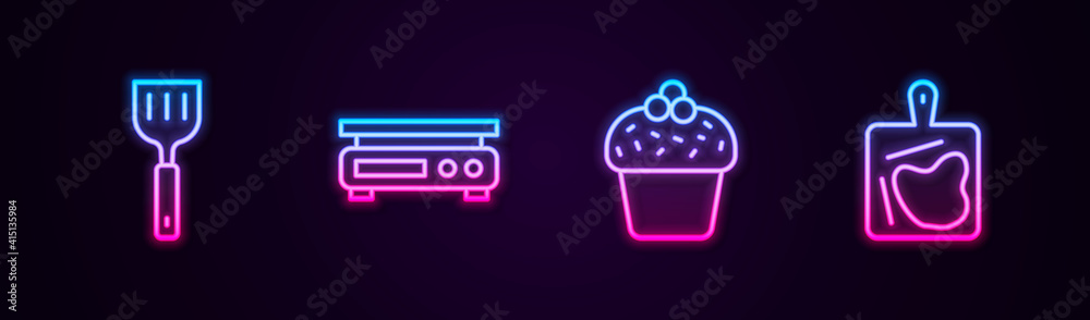 Set line Spatula, Electronic scales, Cake and Cutting board. Glowing neon icon. Vector. Set line Spatula, Electronic scales, Cake and Cutting board. Glowing neon icon. Vector.