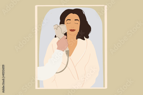 Beautiful woman lying on cosmetology chair doing a laser skin lifting on her face. Anti-age concept. Flat style in pastel tones. Vector illustration