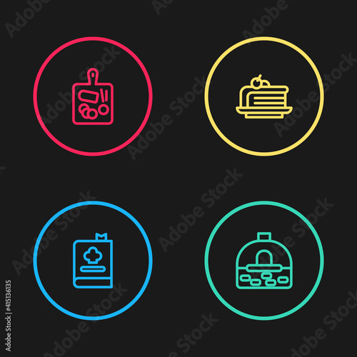 Set line Cookbook, Brick stove, Piece of cake and Cutting board icon. Vector.