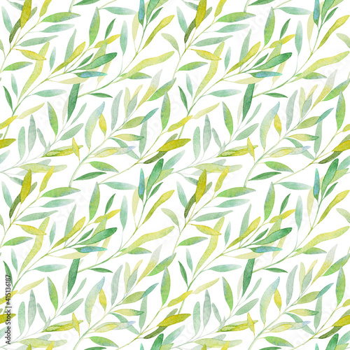 Watercolor leaves branch seamless pattern on white background. Texture with greens, branch, leaves, foliage. Perfect for wedding, cover design, wallpapers, patterns, packaging, print etc