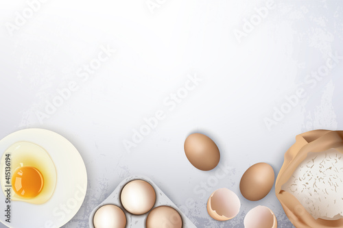 Eggs and flour ingredients for baking bread or cookies Vector realistic. Prod...