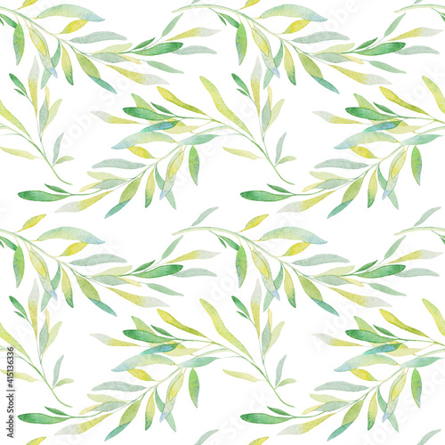 Watercolor leaves branch seamless pattern on white background. Texture with greens  branch  leaves  foliage. Perfect for wedding  cover design  wallpapers  patterns  packaging  print etc