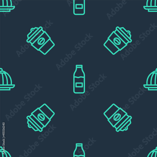 Set line Bottle with milk, Coffee cup to go and Pudding custard on seamless pattern. Vector.