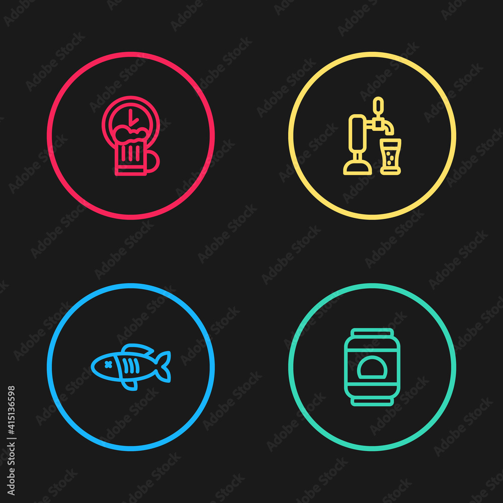 Set line Dried fish, Beer can, tap with glass and Happy hour icon. Vector. Set line Dried fish, Beer can, tap with glass and Happy hour icon. Vector.