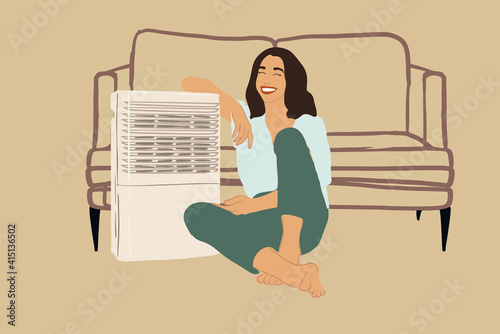Woman sitting near air purifier and moisturizer appliance near sofa. Health microclimate at home concept. Vector illustration