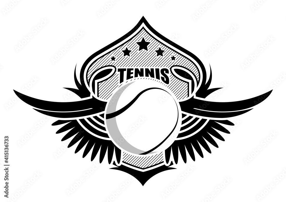 Obraz premium sport ball on background of stylized shield with wings. Tennis sporting emblems. Tournament symbol. Vector