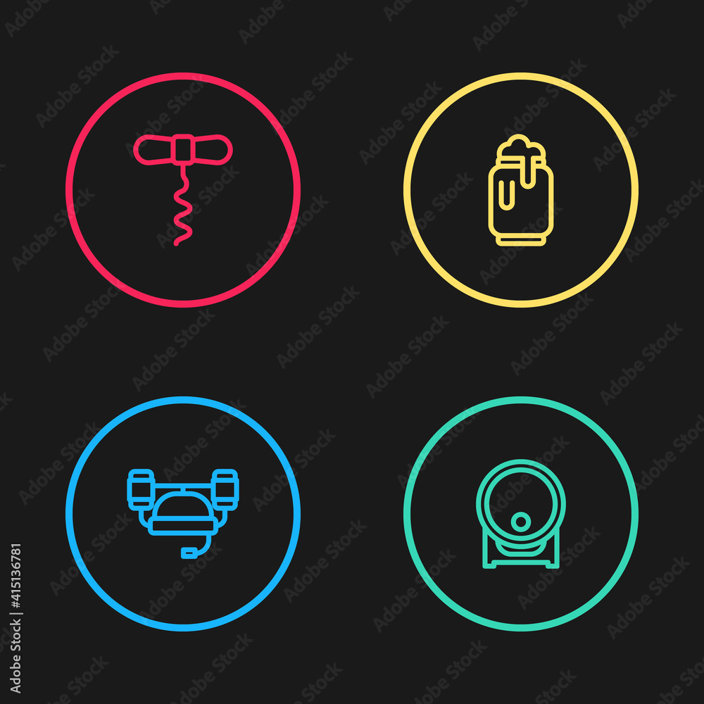 Set line Beer helmet, Wooden barrel on rack, can with foam and Wine corkscrew icon. Vector. Set line Beer helmet, Wooden barrel on rack, can with foam and Wine corkscrew icon. Vector.
