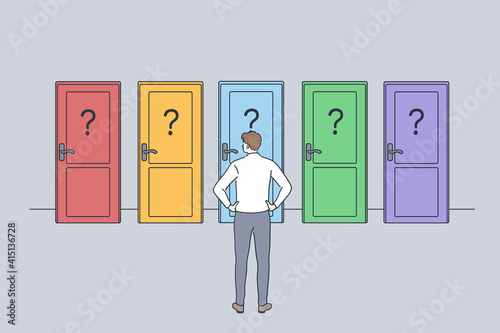 Hard decision, success or failure concept. Businessman standing backwards in front of colourful doors trying to choose one thinking of unknown future and opportunities illustration