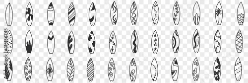 Surfboard and puddle board doodle set. Collection of hand drawn boards with various patterns for surfing and paddle boarding on water in summer sport equipment isolated on transparent background
