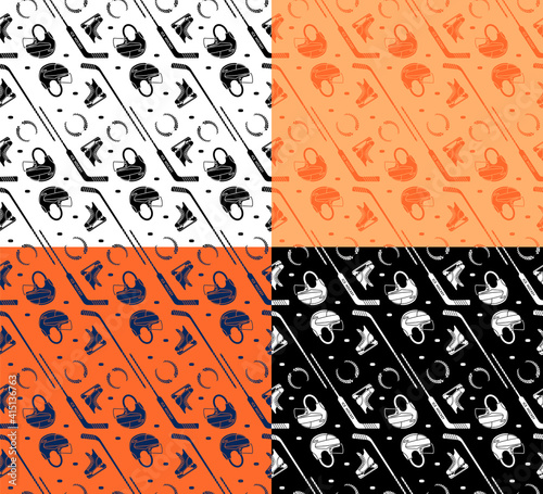 set of seamless patterns with clubs, helmets, ice hockey pucks and laurel wreaths. Ornament for decoration and printing on fabric. Design element. Vector