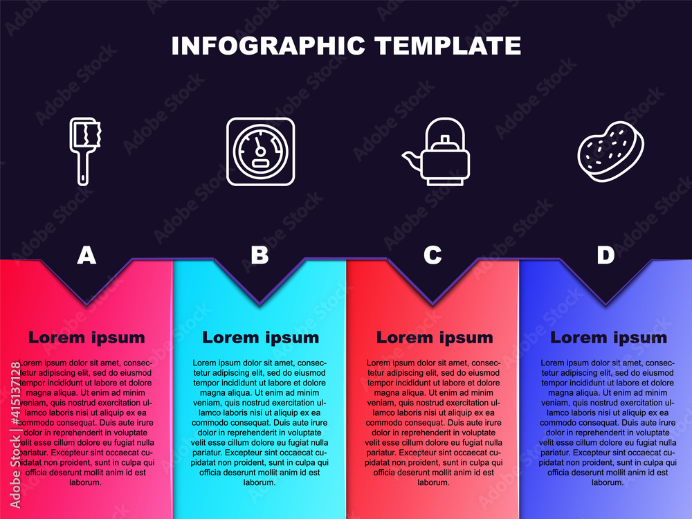Set line Sauna brush, thermometer, Kettle with handle and Bath sponge. Business infographic template. Vector.