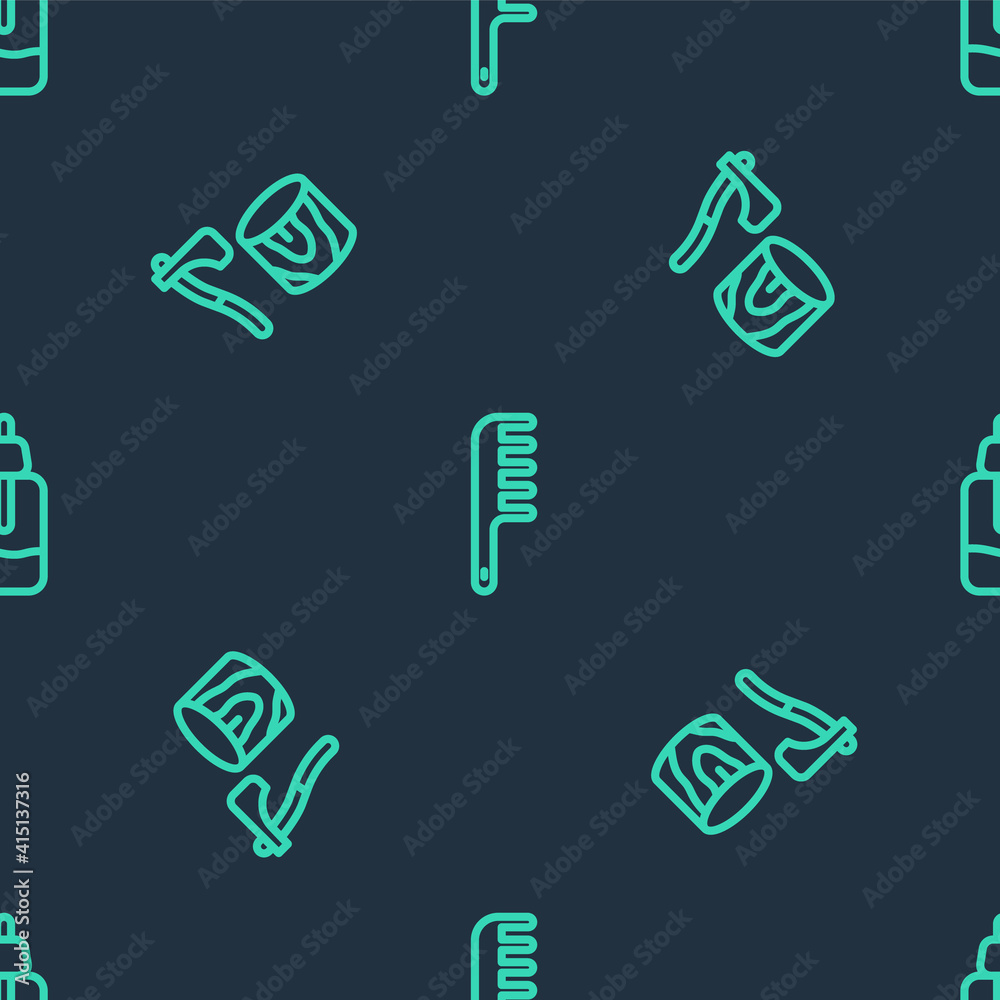 Set line Hairbrush, Wooden axe in stump and Essential oil bottle on seamless pattern. Vector. Set line Hairbrush, Wooden axe in stump and Essential oil bottle on seamless pattern. Vector.