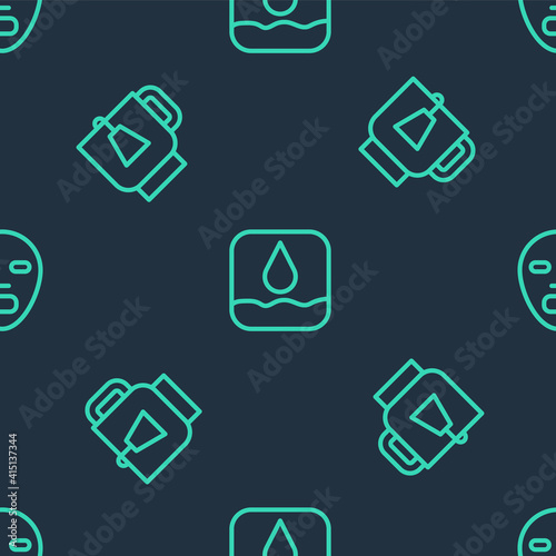 Set line Water drop, Cup of tea with tea bag and Facial cosmetic mask on seamless pattern. Vector.